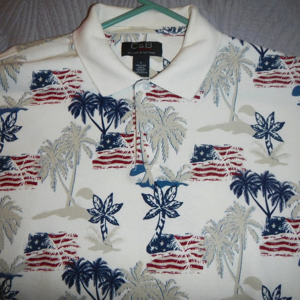C & B American Flag Tropical Ivory Sport Shirt L